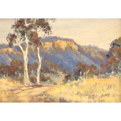 Pat Godfrey (Australian 1934-): 'Track in Megalong Valley' New South Wales, oil on board signed, titled on artist's studio label verso 14cm x 19cm; Blacke (Contemporary): Dark Skies, acrylic signed 20cm x 43cm (2)