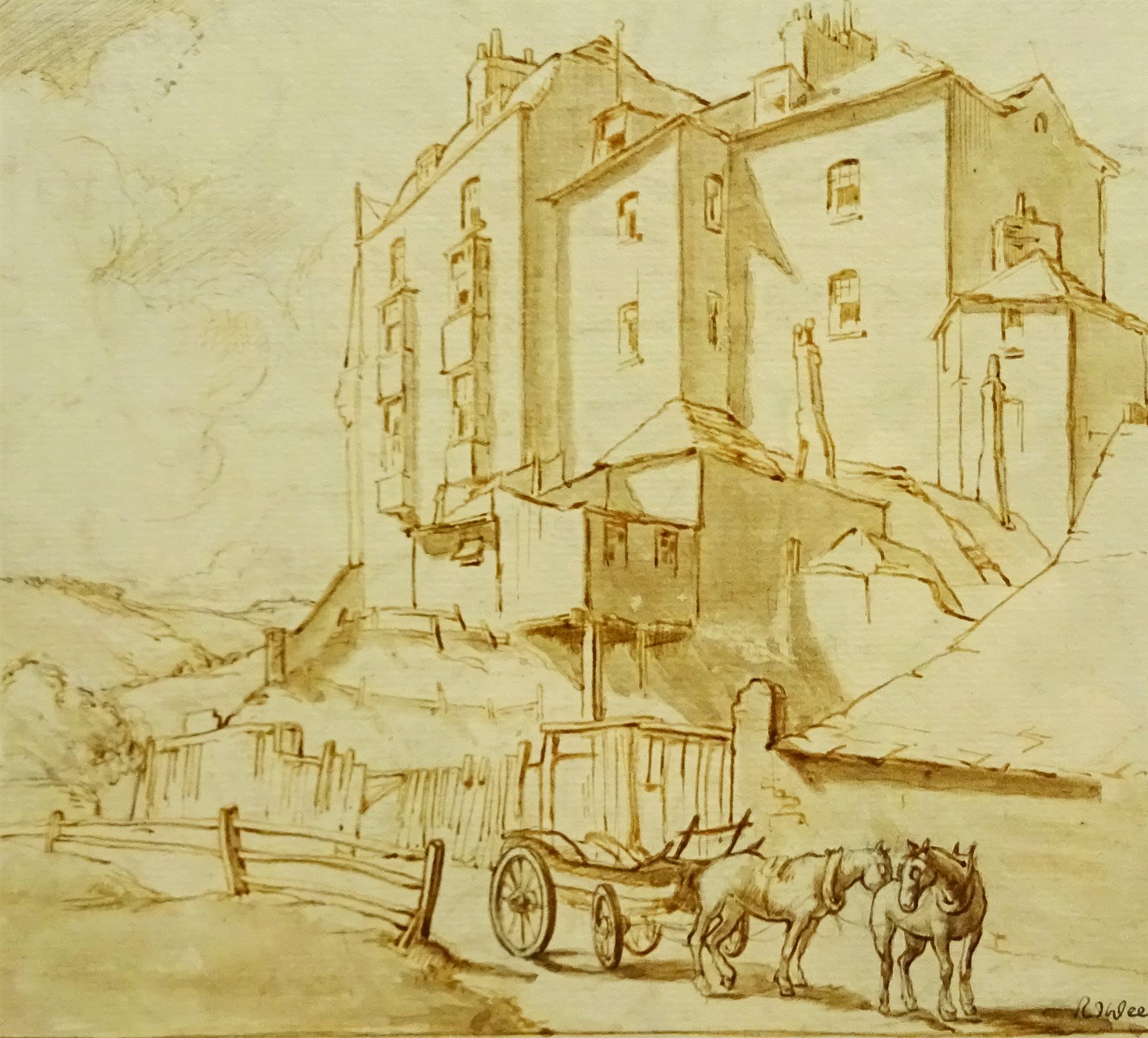 R J Wee (Sottish 19th century): Study of Town Houses, monochrome wash indistinctly signed 16cm x 18cm
Provenance: with Aitken Dott Edinburgh, exhibition label verso