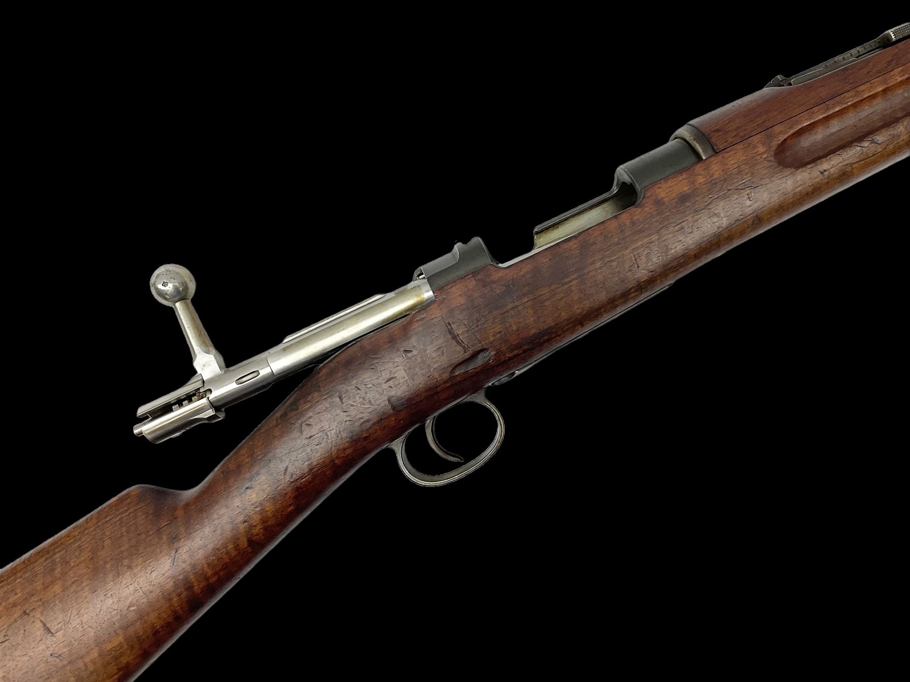 Early 20c Swedish 6.5mm bolt-action service rifle inscribed Carl Gustafs Stads Gevarsfaktori 1904; with 74cm barrel and original Model 1896 knife bayonet with scabbard No.149918 L149cm overall. Deactivated to early specification so requires re-deactivation to modern standards SECTION 1 RFD ONLY