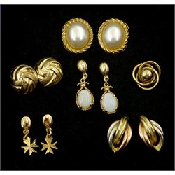Pair of gold opal pendant stud earrings, simulated pearl earrings, three others pairs of gold stud earrings and a single earring, all 9ct stamped or tested 
