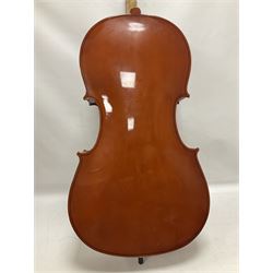 Gear 4 Music full size cello with a maple back and ribs and spruce top, ebony fittings and fingerboard, with two bows in hard case Length 123cm