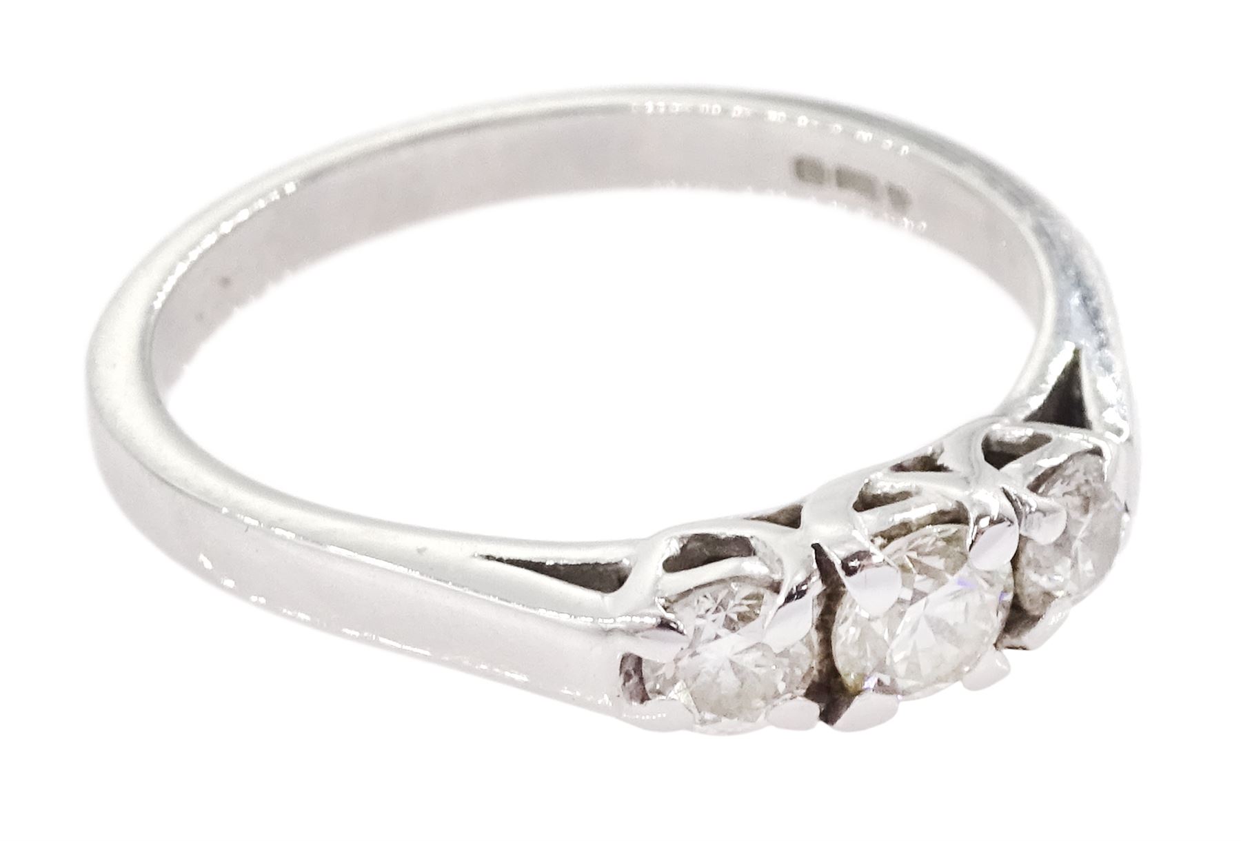 18ct white gold three stone round brilliant cut diamond ring, hallmarked, total diamond weight approx 0.50 carat