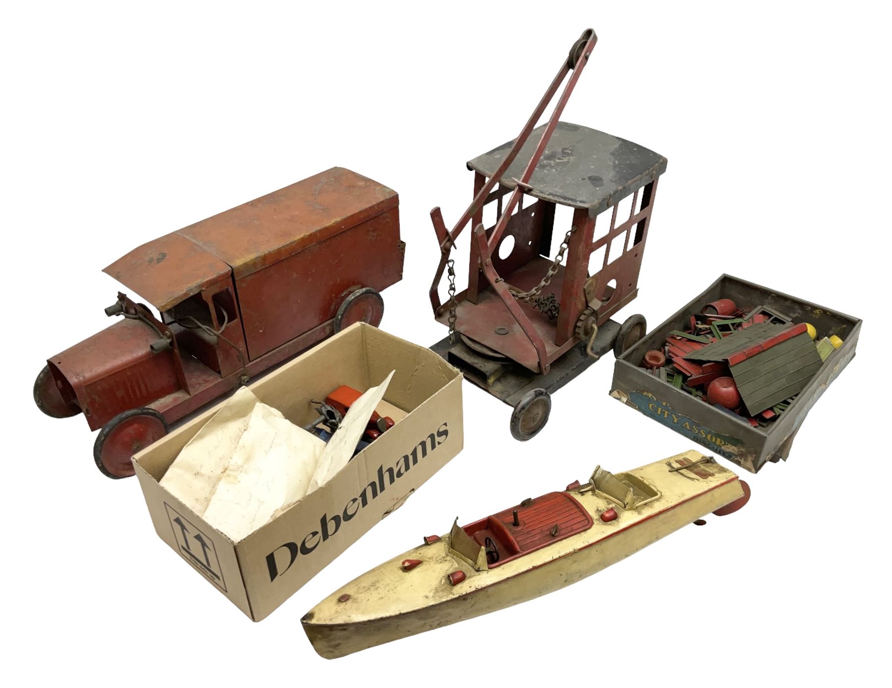 Hornby Racer 3 speedboat L45cm; pre-war Tri-ang sheet steel lorry and mobile crane; quantity of lead soldiers by Johillco etc; Tri-ang Minic clockwork Royal Mail Van; and part set of tin-plate construction pieces; all unboxed