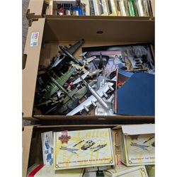 Collection of diecast model vehicles, including Corgi, Lledo and Matchbox, Atlas Editions aeroplanes and Britains soldiers, in four boxes