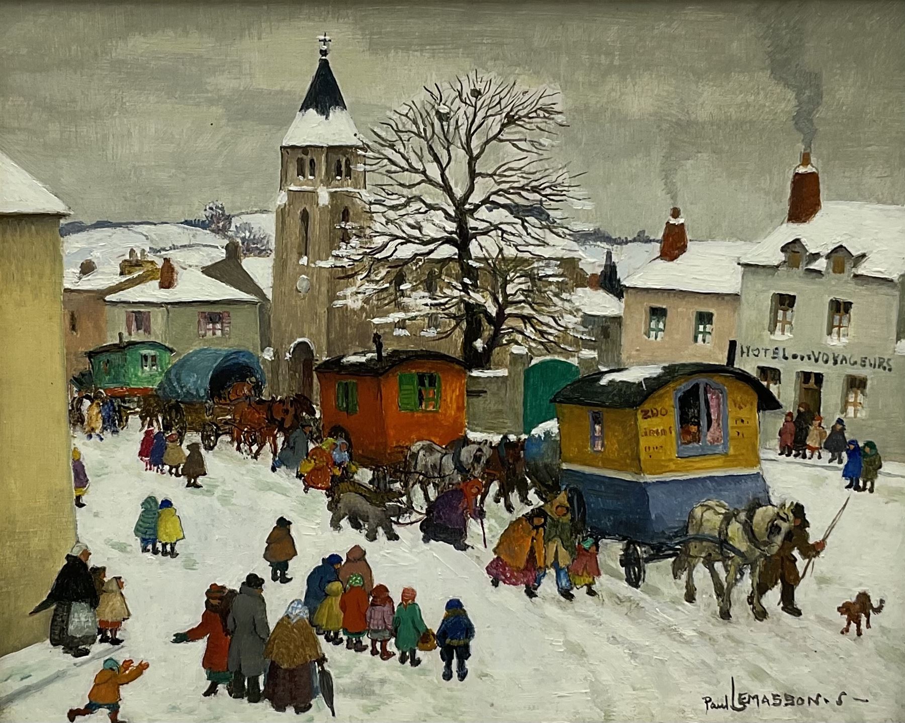 Paul Lemasson (French 1897-1971): The Arrival of the Travelling Zoo, oil on board signed 21cm x 26cm