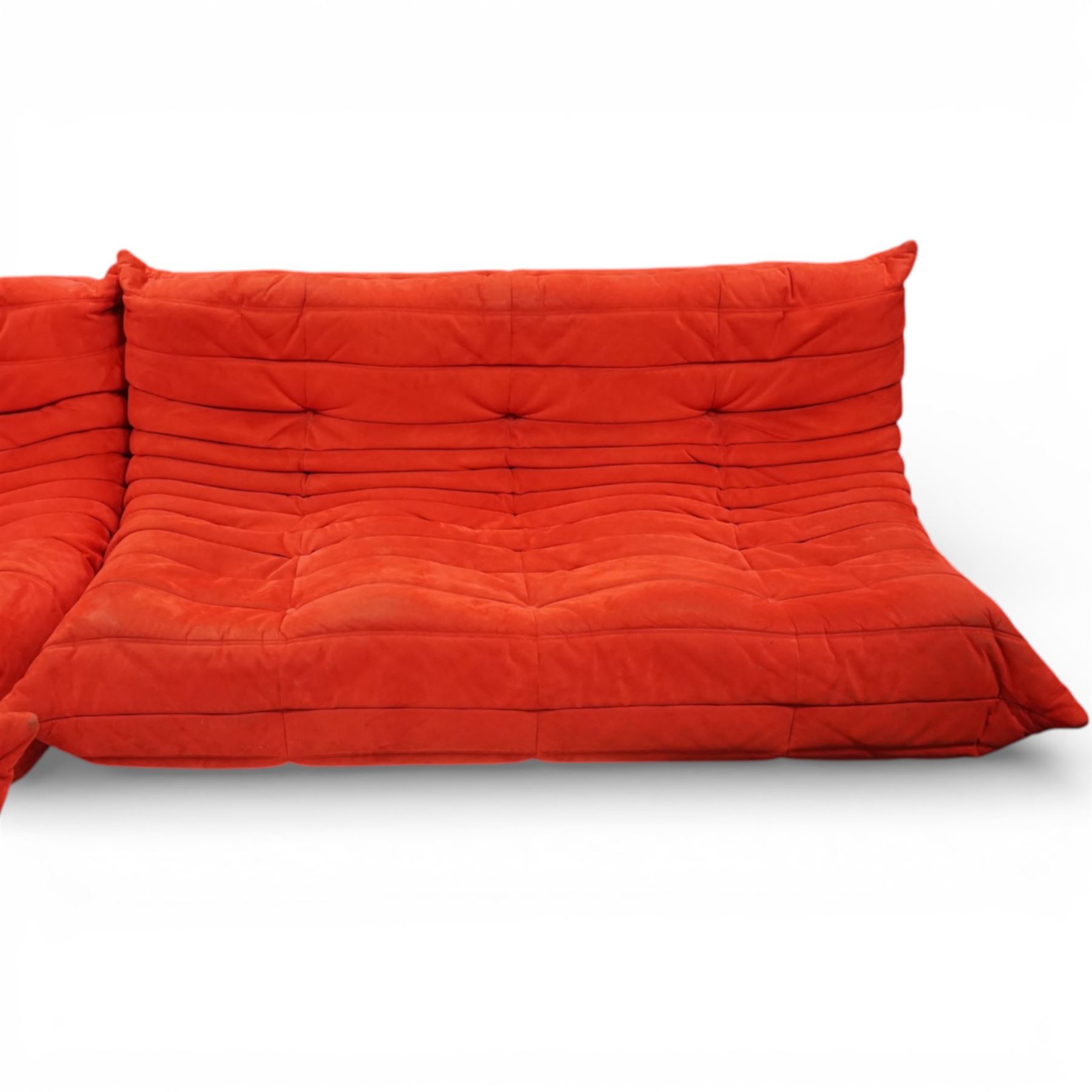 Michel Ducaroy (1925-2009) for Ligne Roset - contemporary ‘Togo’ sectional complete corner sofa upholstered in Alcantara Goya Red, comprising small settee (H 78cm, W 123cm, D 90cm), corner seat (H 78cm, W 90cm, D 90cm) and large settee (H 78cm, W 175cm, D 90cm)