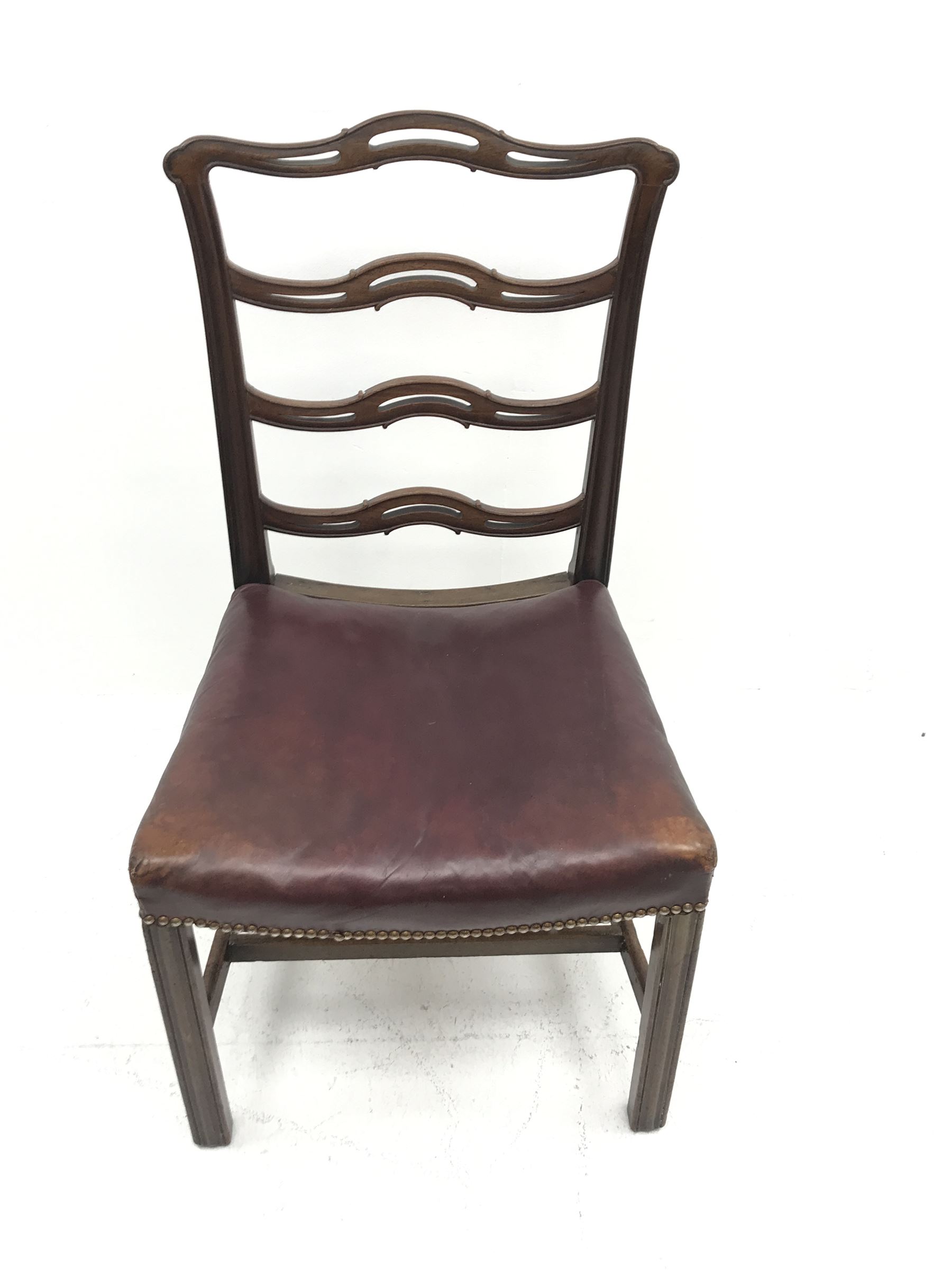 Georgian mahogany Chippendale style chair, moulded frame with pierced and waved slat back, dished leather upholstered seat with stud work, on moulded square supports jointed by stretchers, seat width - 53cm, seat height - 45cm
