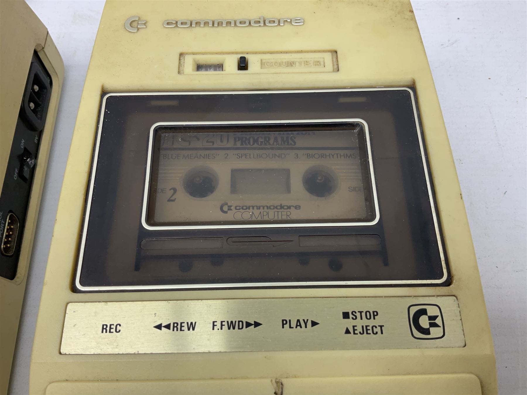 Commodore Vic 20 colour computer with power supply together with Commodore Datassette and Super Lander VIC 1907 game cassette