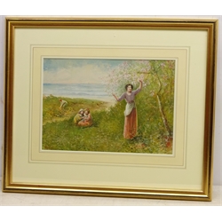  Coastal scene with Girls picking Blossom, watercolour signed by James Andrew McColvin (British c1860- after 1930) 26cm x 37cm  