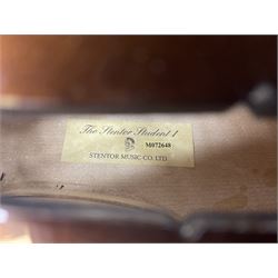 Stentor Student I quarter-size cello with 59.5cm two-piece maple back and ribs and spruce top; bears maker's label with serial no.M072648 L95.5cm overall; in Stentor soft carrying case with bow
