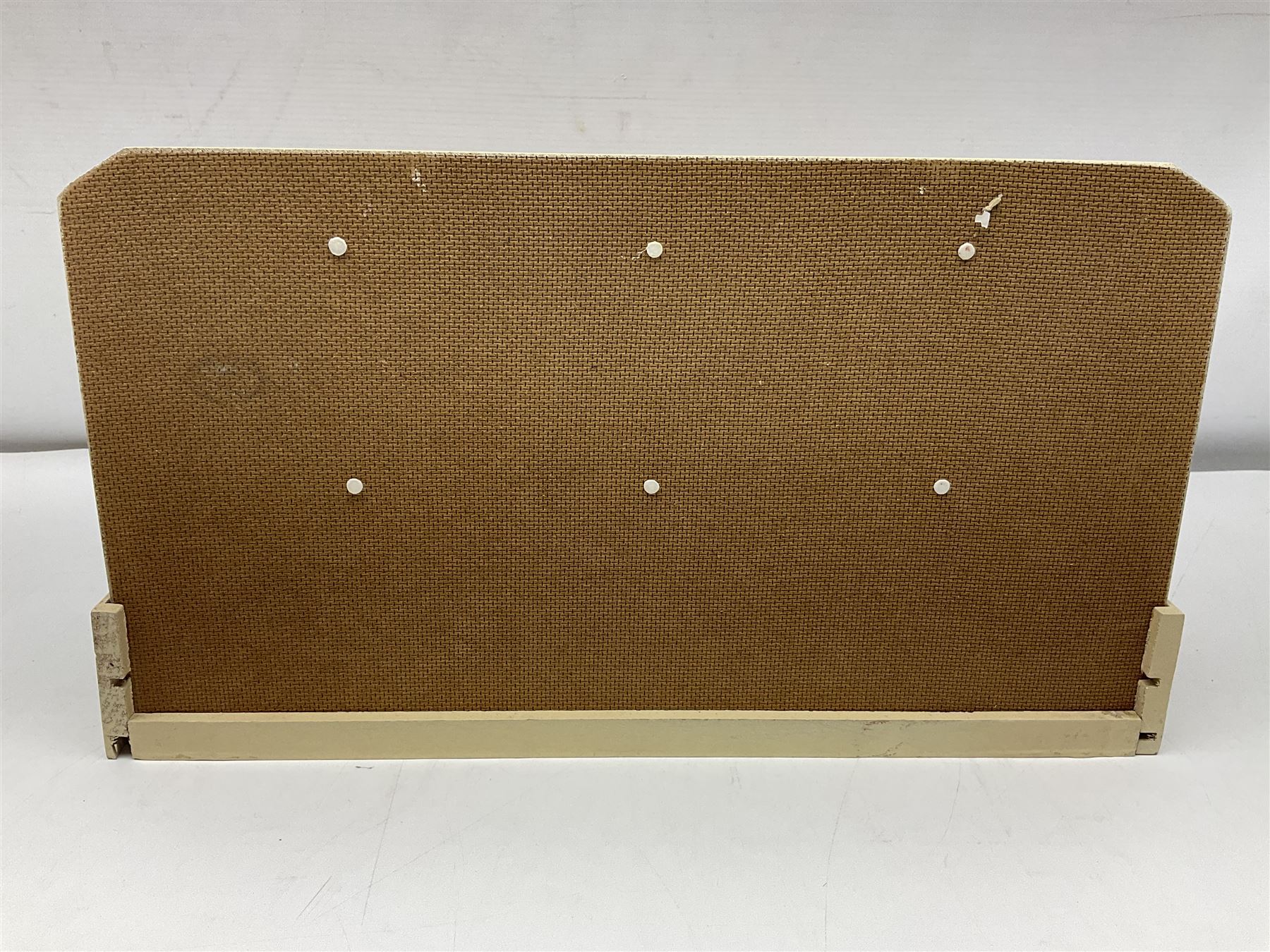 Late 1950s continental red and white painted wooden diorama of a grocery shop interior with fitted shelves and drawers and freestanding 'glazed' counter, fully stocked with miniature tin cans and packets of food L42cm H23cm D22cm