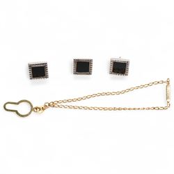 Three 9ct white gold black onyx shirt studs and a 9ct gold bracelet, all hallmarked