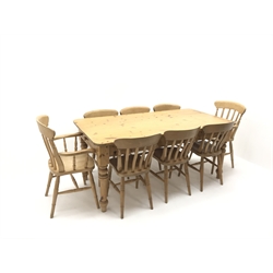  Rectangular pine dining table, single drawer to one end, turned tapering supports (W182cm, H79cm, D92cm) and set eight (6+2) chairs (W58cm)  