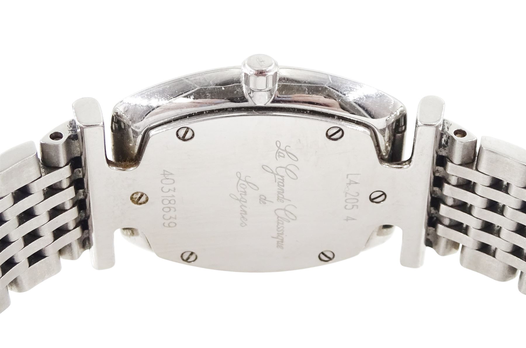 Longines La Grande Classique ladies stainless steel quartz wristwatch, Ref. L4 205 4, white dial with Roman numeral hour markers, on stainless steel bracelet, with fold-over clasp, boxed with guarantee card dated 2014