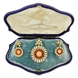 Victorian gold coral and split pearl flower head pendant, with pair of matching stud earrings, in fitted velvet and silk lined box by George Farrer, Tunbridge Wells