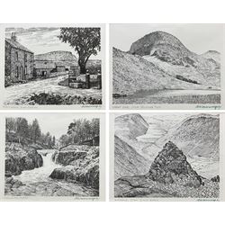Alfred Wainwright MBE (British 1907-1991): 'Pen Y Ghent from Selside', 'Great End from Styhead Tarn', 'Skelwith Force', and 'Wasdale from Great Gable', four monochrome prints each signed in pen by the artist, max 17cm x 23cm (4)