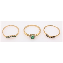  Three emerald and diamond stacking rings hallmarked 9ct  