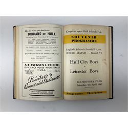 Hull City A.F.C. - two bound volumes of 1940s home match programmes; volume one 1946-7 season containing twenty-six programmes from 31/8/46 to 7/6/47 including Hull City Boys game 5/4/47 against Leicester Boys; volume two 1947-8 season containing twenty-five programmes including Raich Carter's first game 3/4/48 having taken over as player/manager 1/4/48. Uniformly bound in black half leather. Provenance: By direct descent from the family of Raich Carter having been consigned by his daughter Jane Carter.