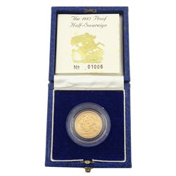 Queen Elizabeth II 1985 gold proof half sovereign coin, cased with certificate