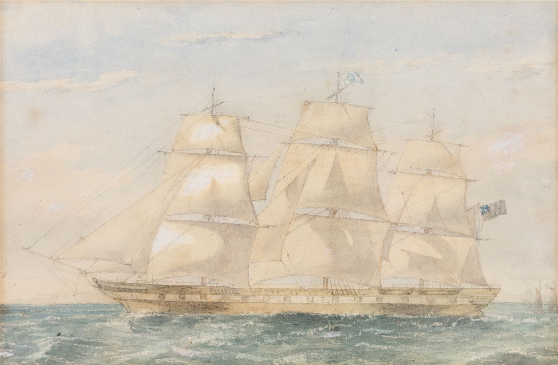 American School (19th century): Racing Yachts, watercolour and gouache indistinctly signed and dated San Francisco 18th August 1896, 22cm x 38cm
English School (19th century): 'Mr Green's Ship 'Agamemnon' with Troops for India 1857, watercolour unsigned 16cm x 24cm (2)