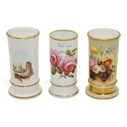 Early 19th century Spode porcelain basket, hand painted with pink roses and forget me nots and inscribed 'Walk Upon', L20cm, together with a similar Spode spill vase, two other spill vases, painted with flowers and castle, H10.5cm and an early English porcelain jug inscribed W & M West 1831, H16cm (5)