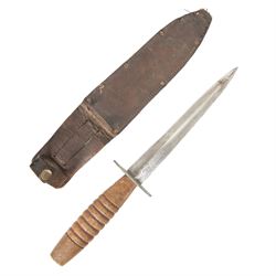WWII British Fairbairn Sykes Wooden Hilt Commando Knife, with unmarked 17cm double edged blade, oval steel cross guard, barrel style wooden grip, in leather scabbard, overall L30cm
