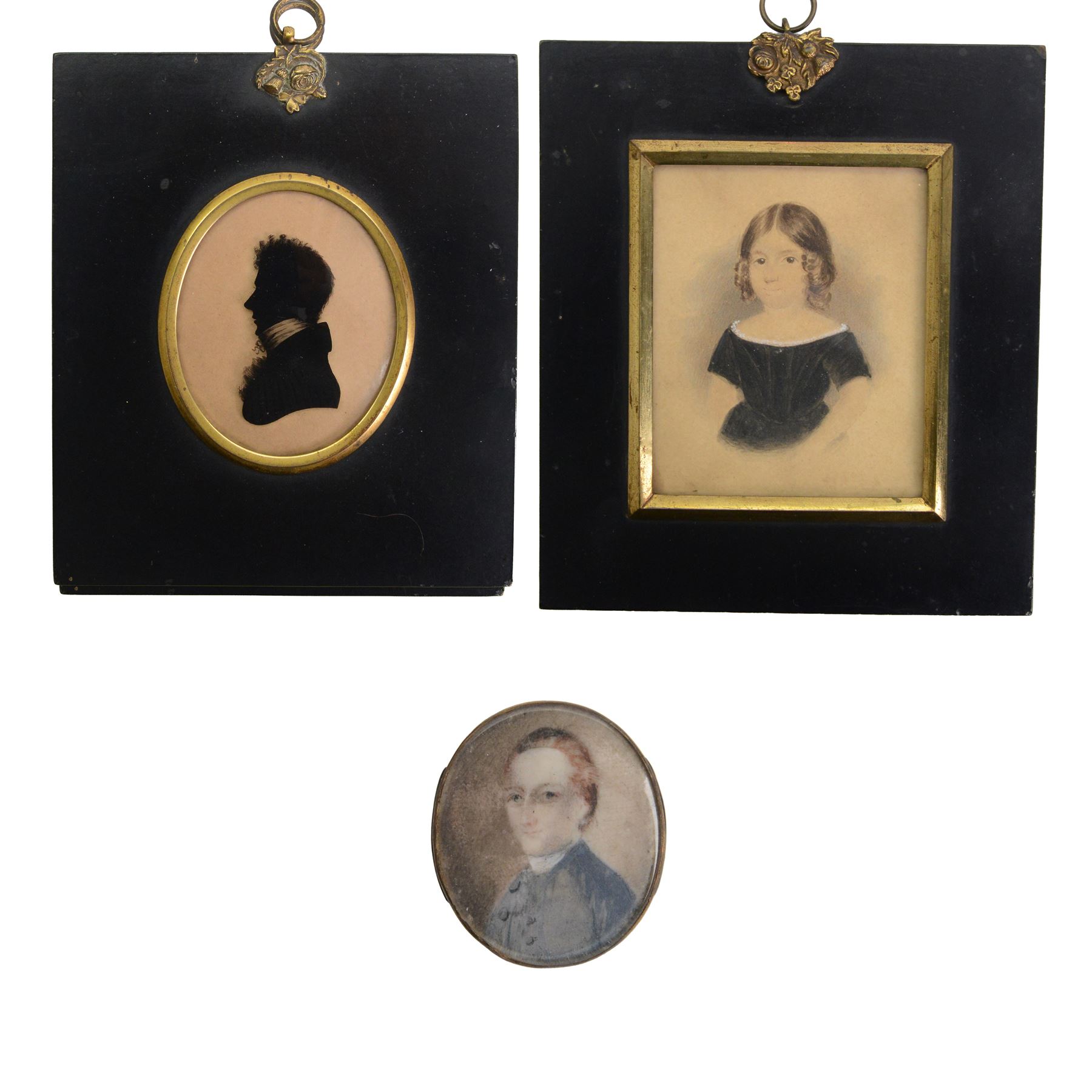 English School (late 18th-early 19th century)
Two portrait miniatures and a silhouette depicting members of the Chichester and Munden families of Arlington Court, Devon, comprising profile silhouette of Henry Chichester (1724–1799) of Northcote, Devon, and Northover, Somerset, a head and shoulder portrait upon ivory of the Reverend John Munden, who married Caroline Chichester of Arlington Court, and a three-quarter length portrait on paper of their daughter, Charlotte Munden, wearing a black dress with white neckline
Each within period frames of ebonised wood or silver
Silhouette oval 7cm x 6cm (overall 15cm x 12.5cm)

Provenance: By family descent from the Chichesters of Arlington Court, Devon; from the collection of Andrew Chichester Everitt.

This lot has been registered for sale under Section 10 of the APHA Ivory Act