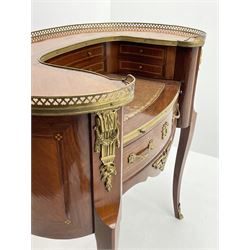 Mid 20th century Kingwood, walnut and rosewood Bureau de Dame writing desk, kidney shaped with raised gilt metal gallery, drop centre fitted with a sliding top with leather inset and a series of small drawers, one long drawer below, cabriole supports, with gilt metal mounts and fittings