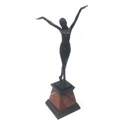  Art Deco style bronze figure of a semi-nude lady on stepped marble plinth, H56cm  
