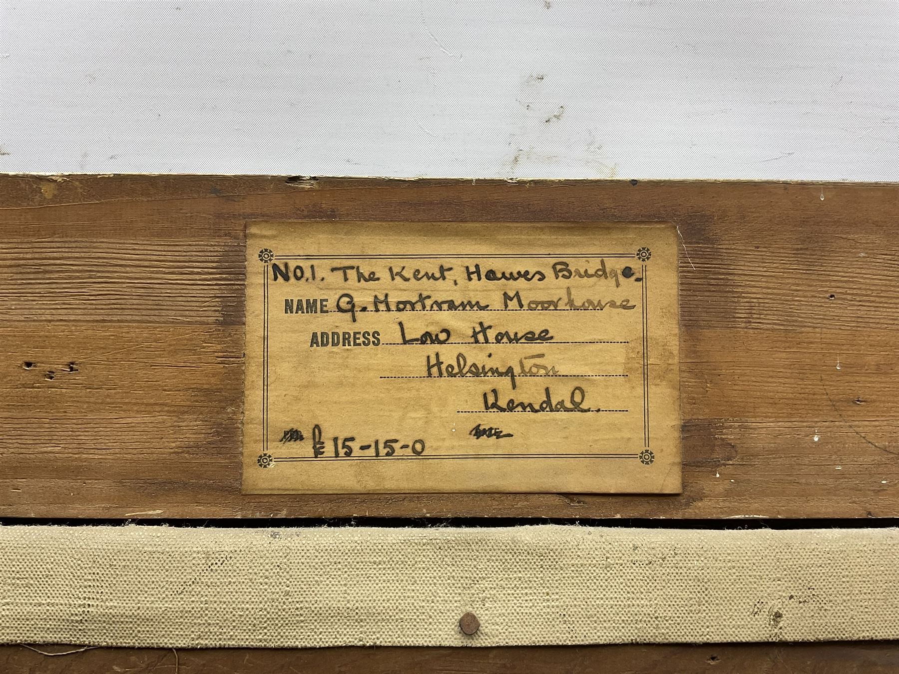 George Mortram Moorhouse (British 1882-1960): Huntsman and Hounds at 'The Kent - Hawes Bridge' Yorkshire Dales, oil on canvas signed and dated 1938, original title label with artist's Helsington, Kendal address verso 50cm x 60cm 
Notes: Moorhouse, often misspelled George Mottram Moorhouse, was a pupil of Sir William Orpen, Sir Frank Brangwyn, and Augustus John.
