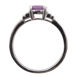 18ct white gold fancy purple sapphire ring, with baguette diamond shoulders, hallmarked