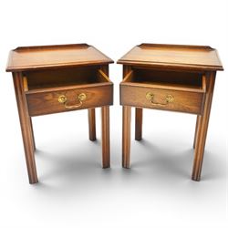 Pair of mahogany bedside tables, with quarter galleried top, single drawer with brass swan neck handle, pierced spandrels on fluted square supports  
