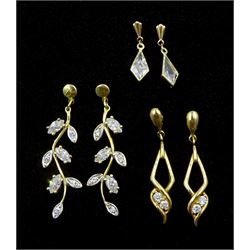 Two pairs of gold cubic zirconia pendant earrings and a pair of gold crystal pendant earrings, all 9ct hallmarked or stamped (3)
