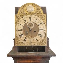 Charles Clay of The Strand & St James, London-Early 18th century 8-day walnut longcase clock c1720, with a flat caddy top (caddy missing) and blind frets beneath, later glazed panels to the sides and a break arch hood door with attached reeded pilasters, long trunk and conforming trunk door with beading to the edge, on a short plinth with attached skirting, break-arch brass dial with cast spandrels, herringbone engraving to the edge and a  silvered boss to the arch inscribed 