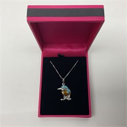 Silver Baltic amber and turquoise kingfisher pendant necklace, stamped 925 