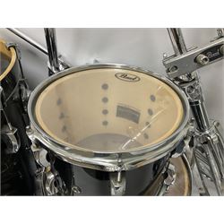 Pearl Vision SST Birch Ply shell four-piece drum kit in black comprising bass drum with foot pedal and three graduated toms; together with Pearl Custom Alloy Sensitone steel snare drum, drum and cymbal stands, microphone stand, stool and various drum sticks 
