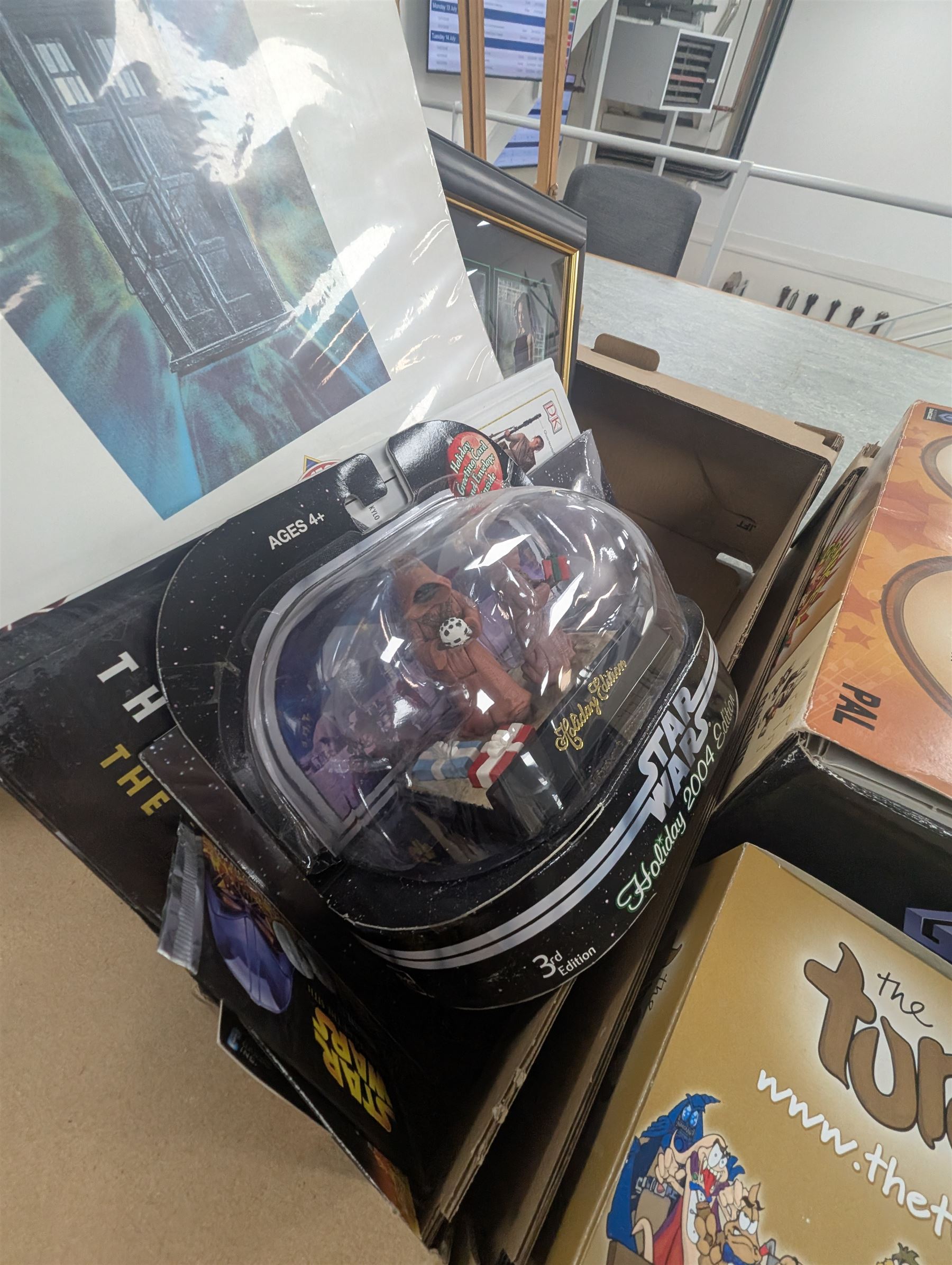 Toys and collectables, including Star Wars reference books, Nintendo Gamecube Donkey Konga Bongos, signed limited edition Doctor Who calendar, four The Turds figures, Tardis plastic storage box, etc