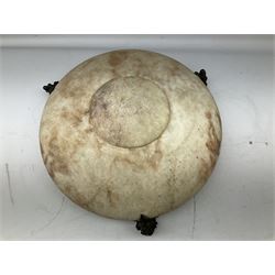 Early 20th century marble effect hanging light, of shallow domed form mounted with patinated metal ram`s heads (lacking chain)