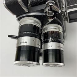 Paillard Bolex H8 RX4 cine camera body with turret for interchangeable lenses, serial no. 216071, with 'Macro Switar H8RX f1.4 36mm' lens, serial no.863406, 'Macro Switar H8RX f1.3 12.5mm' lens, serial no. 865770, 'Switar H8RX f1.6 5.5mm' lens, serial no. 937691 and RX fader, in fitted leather case