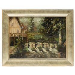 Louis Aston Knight (British 1873-1928): River Bank Cottages, oil on board signed 25cm x 33.5cm
