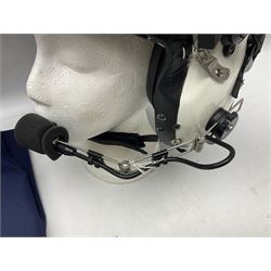 RAF Alpha MK 4 helicopter pilot's flying helmet, finished in white for civilian/rescue service use; reconditioned and avionics tested as working; black cloth cover to visor; fitted with boom microphone; medium size; in blue cloth carrying bag