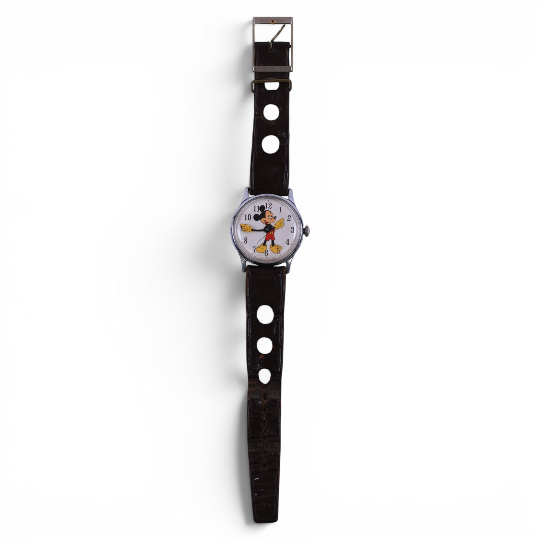 Walt Disney Production 'Mickey Mouse' stainless steel gentleman's manual wind wristwatch, on brown leather strap