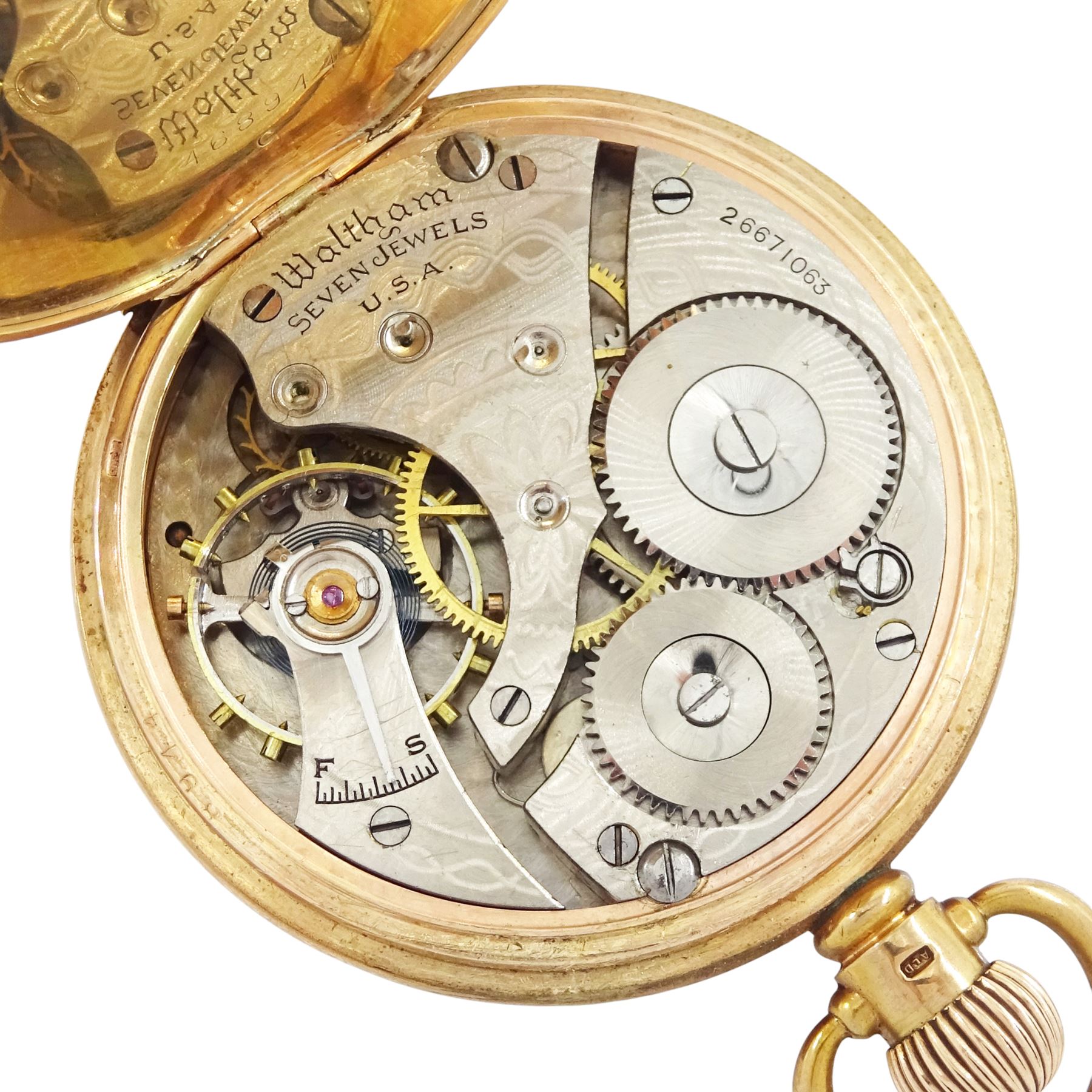 Early 20th century 9ct gold open face, keyless lever pocket watch by American Watch Company, Waltham, No. 26671063, case by Dennison, Birmingham 1929