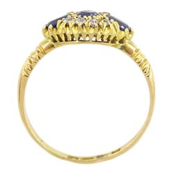 Early 20th century 18ct gold three stone oval cut sapphire and eight stone diamond cluster ring, Chester 1916