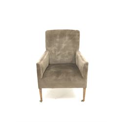 Edwardian armchair, upholstered in a deep beige fabric, square tapering supports