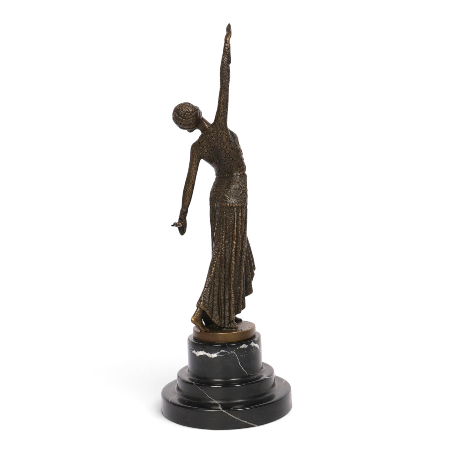 After Demétre Chiparus, Art Deco patinated bronze figure 'Footsteps', modelled as a female dancer with raised arm