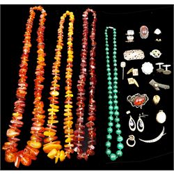 Victorian and later jewellery including 9ct gold enamel hairwork stick pin and other gold oddments, silver brooches, rings and cufflinks, gold plated and costume jewellery, three butterscotch/Baltic amber necklaces and a malachite bead necklace