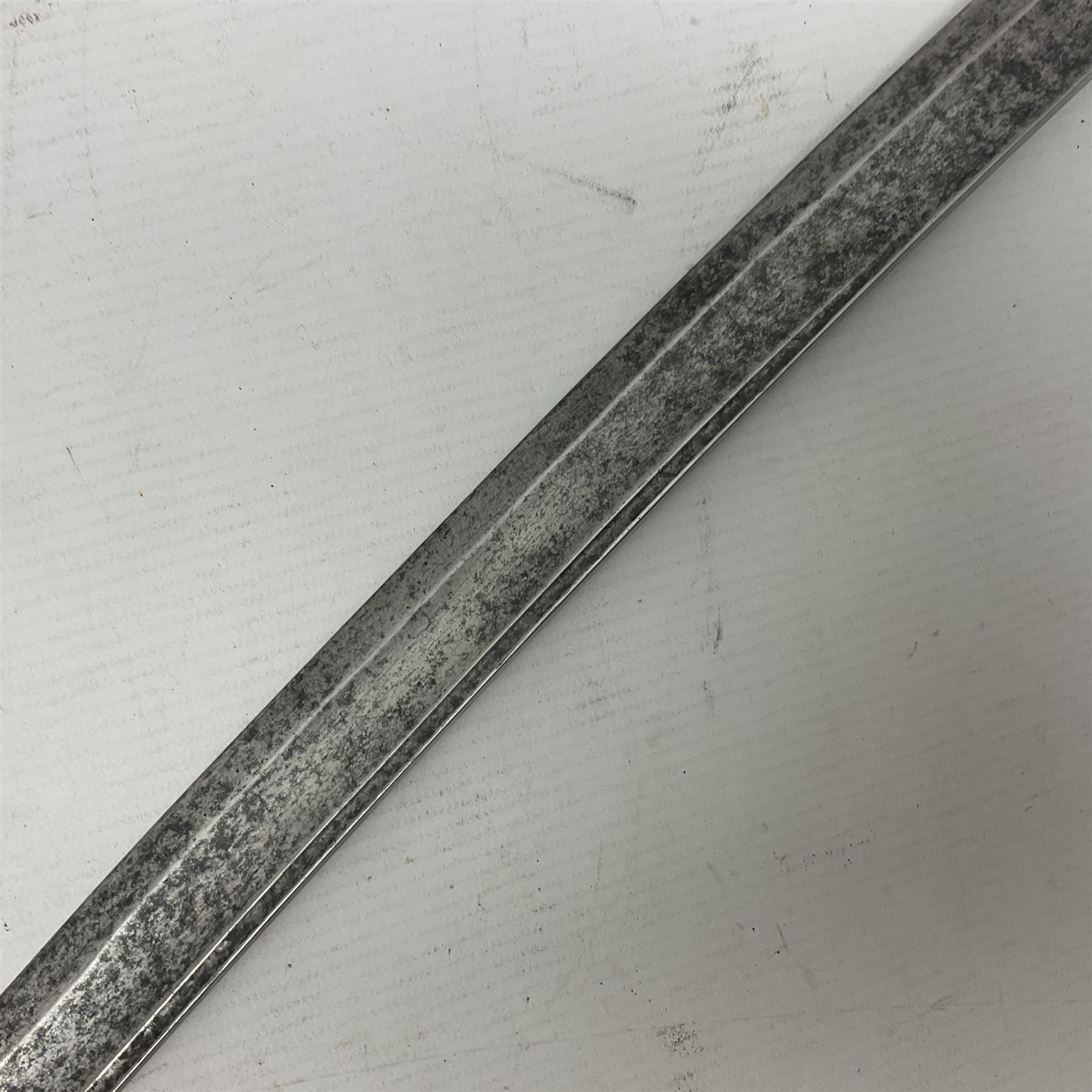 19th century French 1822 Pattern Light Cavalry trooper's sword with 88.5cm slightly curving fullered blade, brass three-bar hilt and wire-bound leather grip; in polished steel scabbard with two suspension rings L110.5cm overall