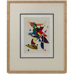 Hans-Joachim 'Jockel' Reisner (German 1938-2023): 'Arche Noah' and Geometric Abstract, pair of coloured etchings signed and dated 1998 and 2003, one titled in pencil 22cm x 15.5cm (2)
Notes: Reisner is best known for creating the Bradford City Fire Memorial in 1986. His style of printmaking is characterised by geometric lines and shapes, influenced by his degree in engineering.