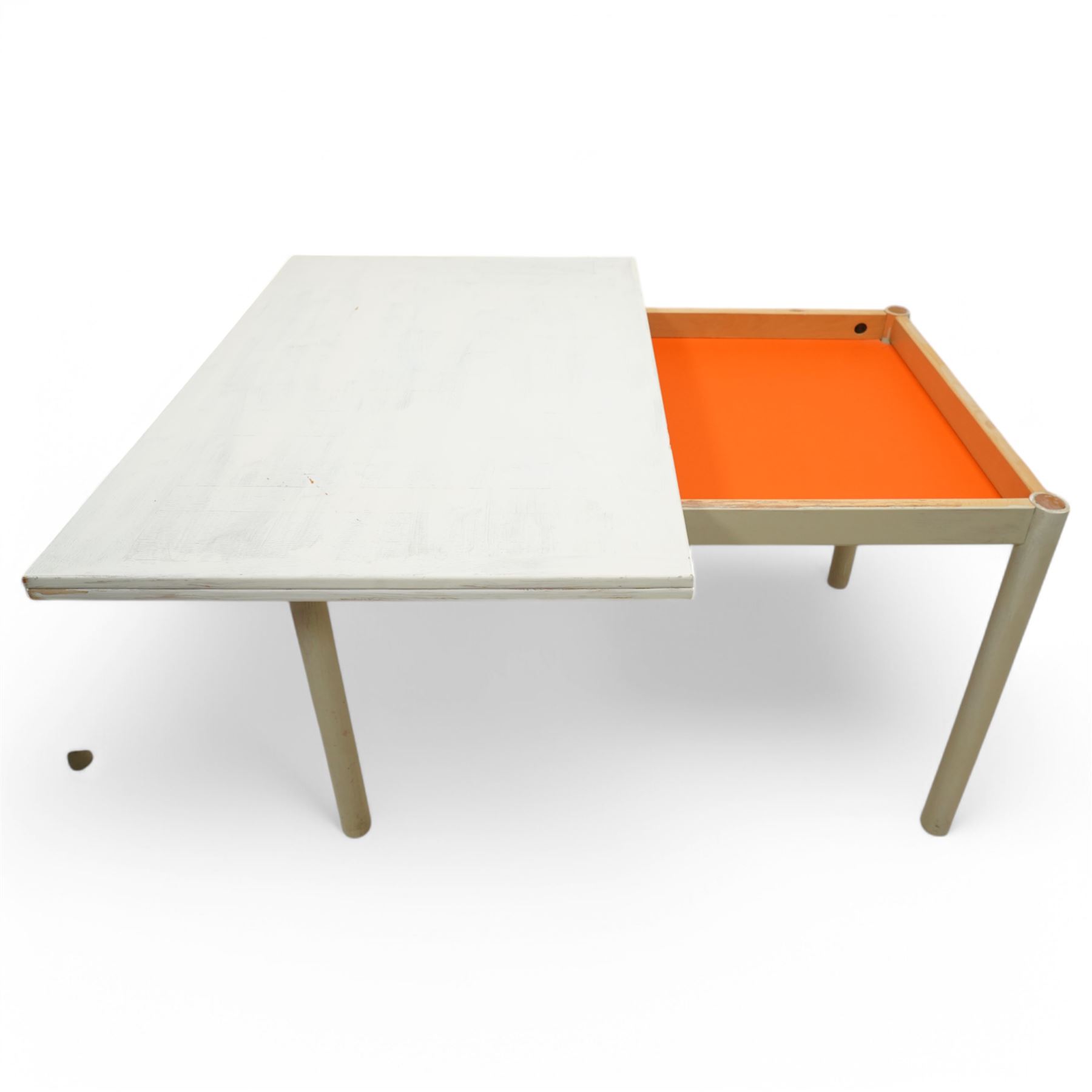 Contemporary beech dining table, rectangular swivel fold-over top, on turned supports